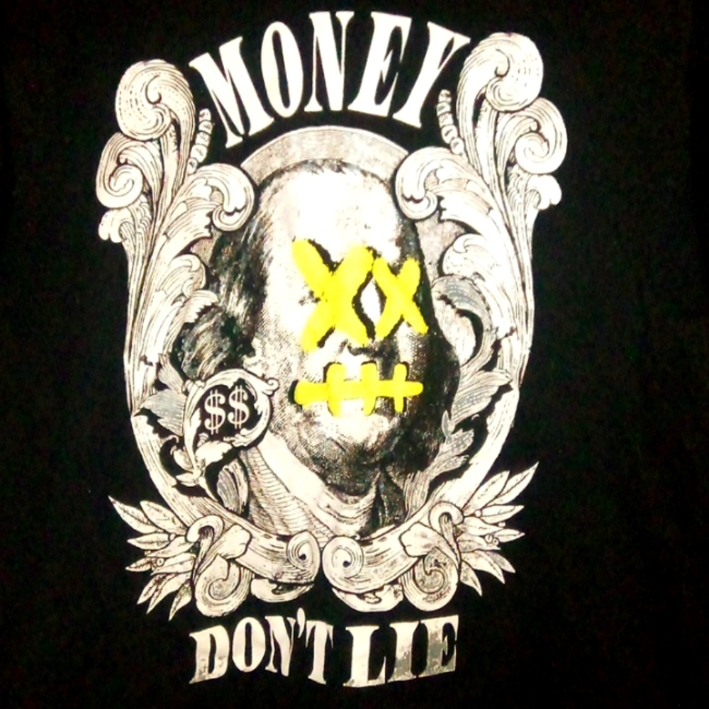 BLaCK/WHITE "MONEY DON'T LIE" BeN Franklin XX 👀 stitched 👄 design SHORT sleeve